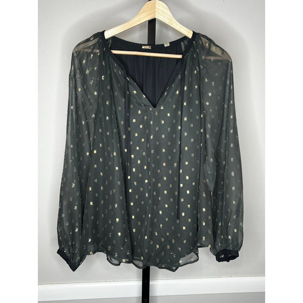 Tahari NWT Size Small Black Gold Clip Dot Sheer Blouse Long Sleeve V-Neck Top - Picture 3 of 6